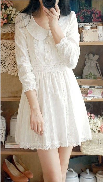 Pretty Style - Lace, Peter Pan Collar - White with Puff Sleeve design, Dress.   | dresslily.com White Dress Spring, Express Outfits, Fest Outfits, Pearl Clasp, Long Sleeve Lace Dress, Romantic Style, Mode Vintage, Pan Collar, Mode Inspiration