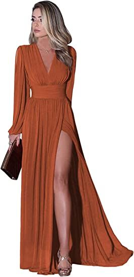 Long Sleeve Bridesmaid Dresses, Color Ocre, Formal Evening Gown, Evening Gown, Burnt Orange, A Line, Bridesmaid Dresses, Chiffon, Prom