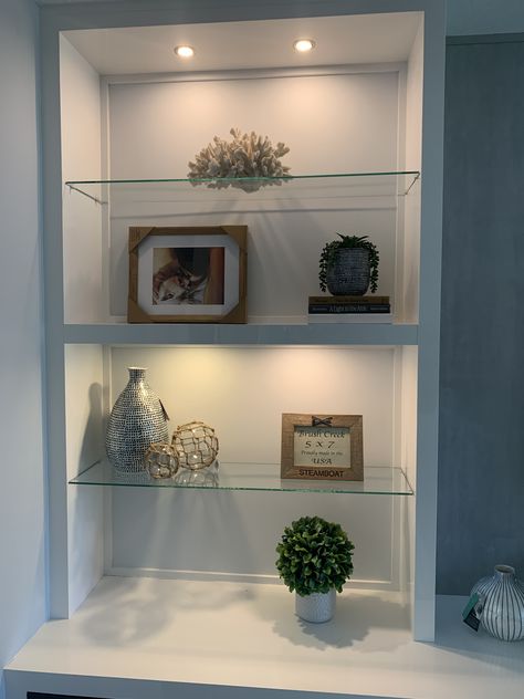 Shelves In Alcove Living Room, Alcove Shelves, Alcove Shelving, Built In Shelves Living Room, Victorian Living Room, Metal Planter Boxes, Mirrored Wall, Reno Ideas, Shelf Styling