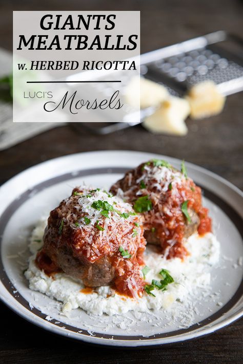 Craving giant meatballs you have at restaurants? These will hit the spot - delicious, tender meatballs atop herbed ricotta! Serve these big meatballs as an appetizer or a main dish! Giant Meatball Recipe, Big Meatballs, Meatballs Ricotta, Giant Meatballs, Appetizers Meat, Recipes Meatballs, Herbed Ricotta, Ricotta Meatballs, Keto Meat