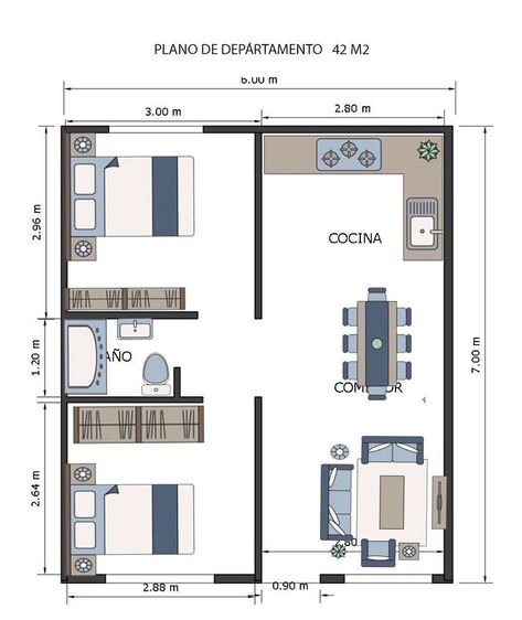 42 M2 Apartment, Loft Style Floor Plans, Small Apartment Plan, Small Apartment Building Plans, Small House Design Floor Plan, Small Apartment Building Design, Small Apartment Plans, Small House Blueprints, Small Apartment Building