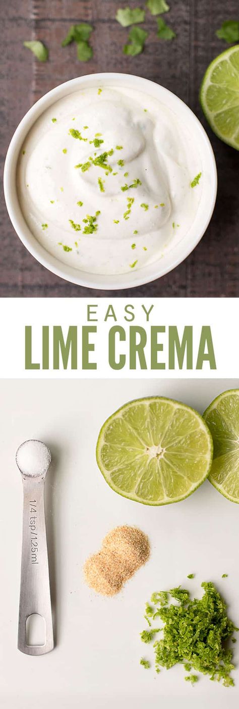 Lime Crema Recipe, Types Of Tacos, Crema Recipe, Nachos Recipe Easy, Lime Crema, Vegan Coleslaw, Lime Cream, Taco Sauce, Baked Potatoes