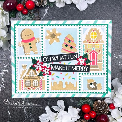 Waffle Flower Postage Collage Gingerbread Christmas Card Waffle Flower Postage Collage Christmas, Waffle Flower Postage Collage Cards, Waffle Flower Postage Collage, Layered Stencils, Tim Holtz Tutorials, Postage Stamps Collage, Fringe Tree, Spring Stamps, Snow Fun