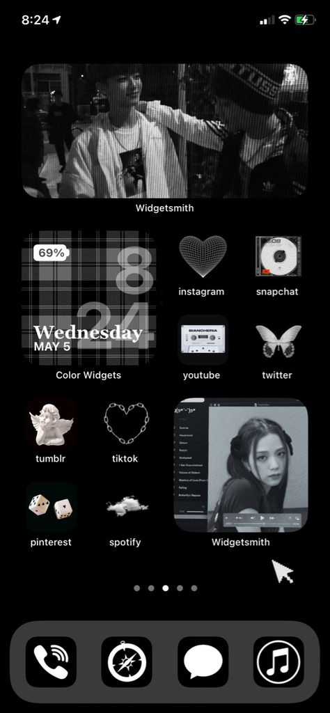 Kpop Homescreen Layout Dark, Ios Theme Dark, Phone Layout Ideas Dark, Black Ios Layout, Dark Phone Layout, Dark Iphone Layout, Dark Ios Layout, Phone Theme Ideas Dark, Iphone Dark Theme