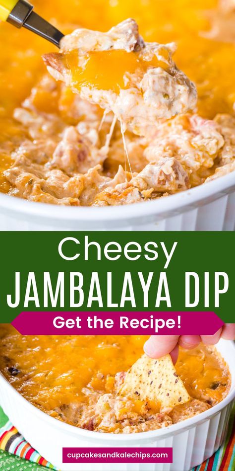 Hot and Cheesy Jambalaya Dip is one of the best Cajun appetizers. It's loaded with chicken, shrimp, and a spicy kick! Everyone will love this Mardi Gras food as an addition to your Fat Tuesday party menu or as a game day snack. Get your chips and veggies ready! Mardi Gras Sausage Sandwich, Fat Tuesday Appetizers, Jambalaya Dip, Mardi Gras Appetizers, Cajun Appetizers, Mardi Gras Party Food, Dip Chips, Cold Appetizers Easy, Shrimp Jambalaya