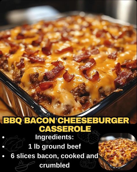 BBQ Bacon Cheeseburger Casserole Bacon Beef Recipes, Hamburger Bacon Casserole, Chopped Bacon Recipes, 2024 Dinner Ideas, Bacon Cheeseburger Potato Casserole, Tater Tot Cheeseburger Casserole, Bacon Pieces Recipes, Fall Ground Beef Dinner Recipes, Ground Beef Bacon Recipes