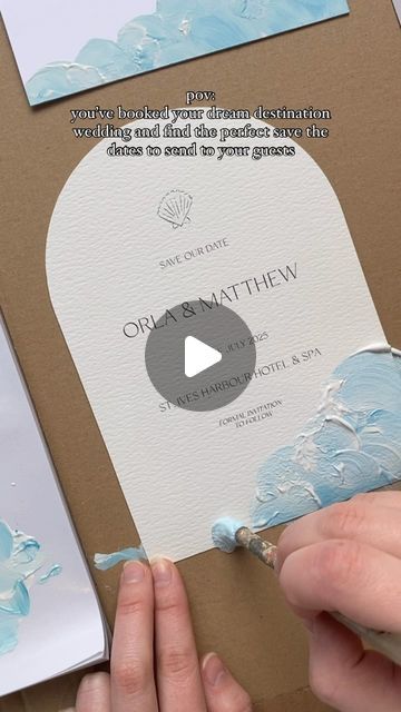 Harper & Finch on Instagram: "Elevate your wedding stationery with a hand-painted finish 🌊🫶🏼  #handpainted #weddingstationery #weddingplanner #weddingplanneritaly #weddingplanneruk #coastalwedding #seasidewedding #luxurywedding" Wave Wedding Invitations, Coastal Invitation, Unique Invitation Ideas, Coastal Wedding Invitations, Hand Painted Wedding Invitations, Hand Painted Invitations, Wedding Hands, Dream Destination Wedding, Hand Painted Wedding