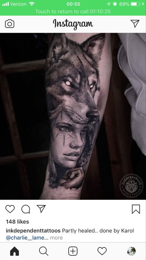 Half Wolf Half Woman Tattoo Eyes, Female Wolf Protecting Male Tattoo, Women With Wolf Head Tattoo, Wolf Lady Tattoo, Wolf Protecting Woman Tattoo, Wolf Headdress Tattoo, Native American Woman And Wolf Tattoo, Wolf Girl Tattoos, Woman Wearing Wolf Head Tattoo