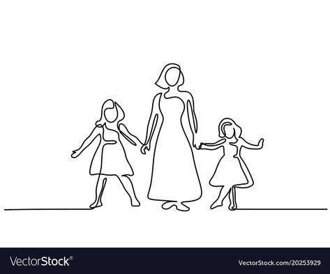 Mom And Two Daughters Drawing, Mama And Daughter, Drawing 101, Drawing Happy, Birthday 2023, Single Line Drawing, Minimalist Drawing, Happy Woman, Continuous Line Drawing