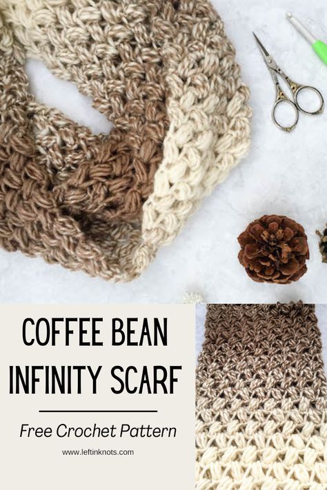 Crochet Infinity Scarf Free Pattern Kids, Crochet Bean Stitch Scarf, Coffee Bean Stitch Crochet, Bean Stitch Scarf, Crochet Pattern Infinity Scarf, Fast Crochet Scarf Pattern Free, Medium 4 Yarn Crochet Pattern, Infinity Crochet Scarf Pattern Free, Quick Scarf Crochet Pattern