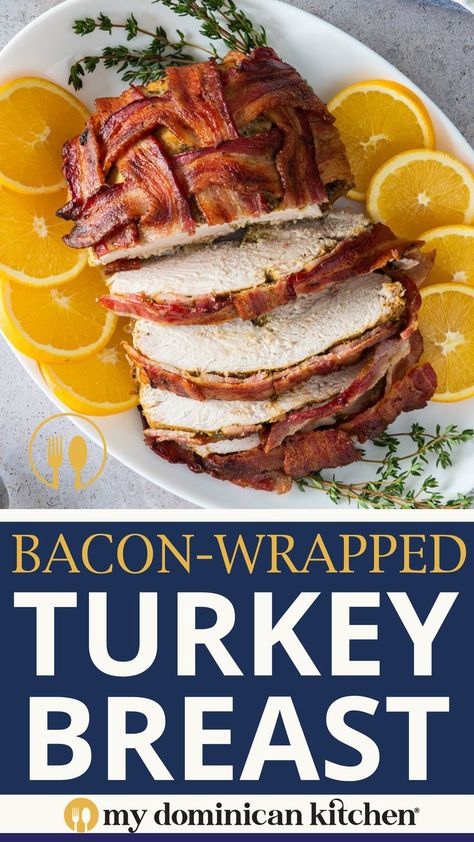 This bacon-wrapped turkey breast recipe is an excellent choice for holiday entertaining. The turkey is juicy and full of flavor, and the bacon adds a layer of smoky goodness. This boneless, super moist, bacon-wrapped turkey breast is a personal favorite and the perfect dish to make for a delicious holiday dinner! I have a small family, so making a whole turkey is not ideal. This bacon-wrapped turkey breast is my go-to recipe. I’ve made it four years in a row! | @mydominicankitchen Bacon Wrapped Turkey Breast, Bacon Wrapped Turkey, Turkey Bacon Wrap, Smoked Turkey Breast, How To Make Bacon, Turkey Breast Recipe, Grilled Turkey, Deli Turkey, Whole Turkey