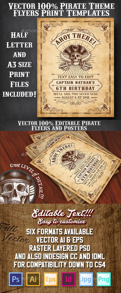 Pirate Flyer Invite Templates Pirate Invitations Template, Baratie Restaurant, Pirate Party Invitations Template, Pirate Card, Pirate Party Invitations, Pirate Invitations, Menu Layout, Pirate Theme Party, Pirate Art