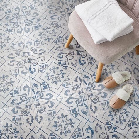 Pattern Floor Tiles, Blue Floor Tile, Blue Tile Floor, Patterned Bathroom Tiles, Blue Bathroom Tile, Cabin Renovation, Grey Floor Tiles, Wood Effect Tiles, Blue Floor