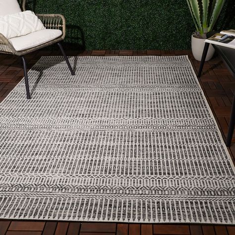 Steelside™ Pamela Striped Indoor / Outdoor Area Rug in Charcoal/Ivory & Reviews | Wayfair Flatweave Area Rug, Striped Rug, Back Patio, Outdoor Area Rug, Flat Weave Rug, Indoor Outdoor Area Rugs, Natural Environment, Rich Colors, Outdoor Rug