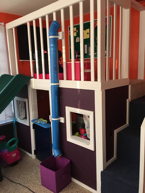 Under Stairs Playhouse With Slide, Basement Play Gym, Playhouse Indoor Playrooms, Boys Playhouse Interior, Indoor Slide Playroom, Diy Indoor Slide, Indoor Playhouse With Slide, Garage Playroom Ideas, Indoor Playhouse Ideas