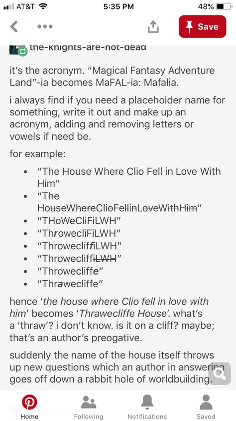 Placeholder names via Acronyms ~ potentially morph into WIP working name/title/etc. w underlying significance to author...secrets, yeah.  PERFECT. Place Name Ideas Writing, How To Create Names For Places, Naming Characters Writing, Place Names Writing, Names For Places Writing, Character Secrets Ideas, Fantasy Location Names, Character Secrets, Location Names