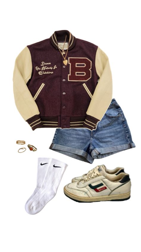 80s style outfit - oversized varsity jacket, mom shorts, 80s tennis shoes Ivy League Outfit, Oversized Varsity Jacket, 80s Style Outfits, Aesthetic 80s, 80s Shoes, 80s Style, Ivy League, Mom Shorts, 80s Fashion