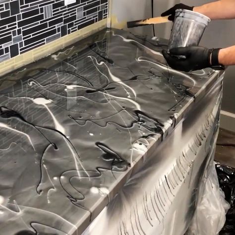 We Can Barely Wait, Countertop Transformations, Epoxy Diy, White Countertop, Epoxy Countertop, Gray Marble, So Satisfying, Counter Tops, Base Coat