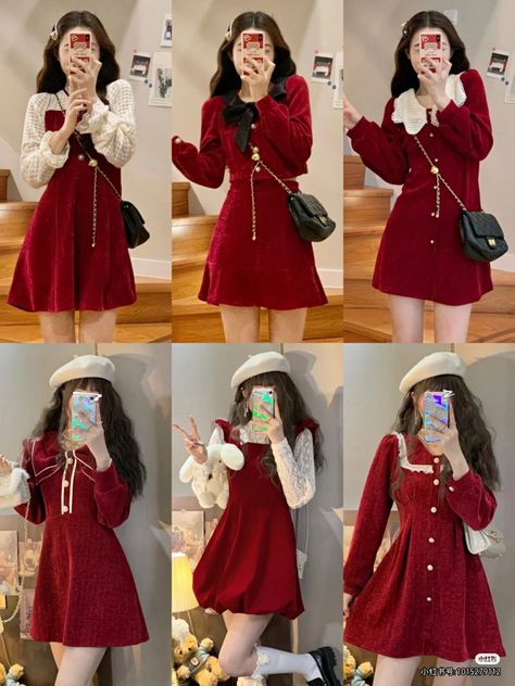 Christmas Ootd Korean, Christmas Kpop Outfit, Christmas Outfits Korean, Christmas Korean Outfit, Korean Winter Dress, Y2k Christmas Outfits, Korean Christmas Outfit, Preppy Christmas Outfit, Modest Girly Outfits