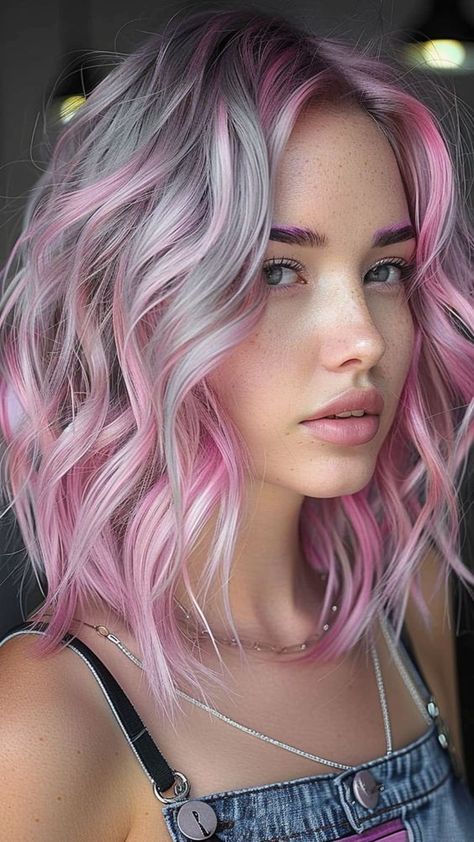 Pink To Silver Hair, Platinum Blonde With Color, Grey Hair Pink Highlights, Gray Pink Hair, Gray And Pink Hair, Grey And Pink Hair, Grey Hair With Pink Highlights, Silver Pink Hair, Pink And Grey Hair