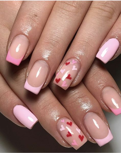 Pink Heart Nails Square, Short Square Nail Designs Valentines, Pink French Tip Nails Square With Heart, Nail February, Nail Valentines Day, Nail Design Heart, Pink Nails Hearts Valentines Day, Red With Pink Hearts Nails, Light Pink Red Heart Nails