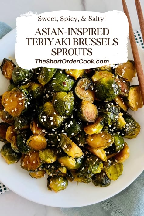 Plate of roasted Brussels sprouts with teriyaki sauce and sesame seeds. Asian Inspired Vegetables, Asian Inspired Vegetable Sides, Asian Inspired Brussel Sprouts, Teriyaki Brussel Sprouts Roasted, Japanese Brussel Sprouts, Asian Roasted Brussel Sprouts, Korean Brussel Sprouts, Asian Brussel Sprout Recipes, Sprouts Meals