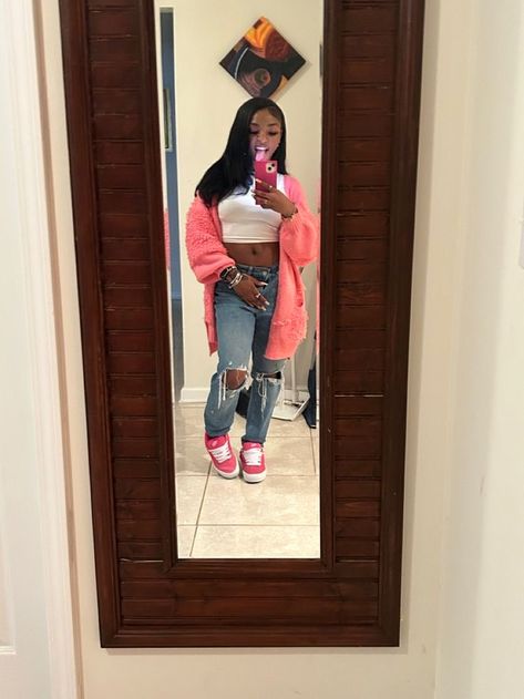 Cute Outfits For Interviews, Grad Bash Fits, Calm Cute Outfits, Valentines Fits Baddie, Shien Clothes Outfits Fall, Bodysuit With Cardigan Outfit, Pink And White Outfit Ideas Black Women, Red Or Pink Outfits, Dark Wash Jeans Outfit Black Women