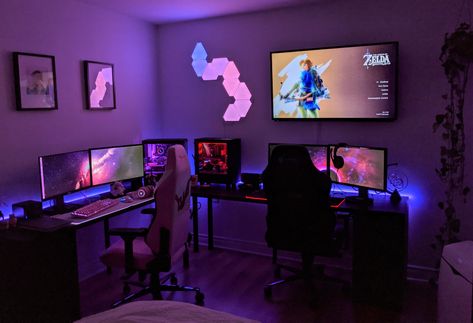 our couple's battlestation setup Couple Gaming Setup Small Room, Gamer Couple Bedroom, Gaming Set Up For Couples, Small Couple Gaming Room, Couple Set Up Gamer, Couple Gaming Bedroom, Couple Gaming Setup Aesthetic, Two Pc Setup, Gamer Room For Couples