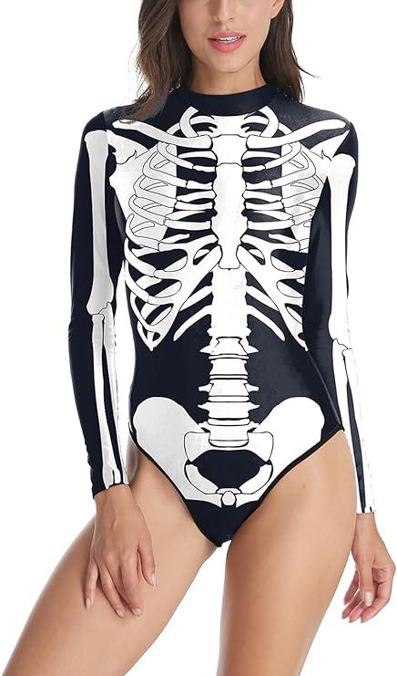 Amazon.com: Timemory Halloween Women Skeleton Print Tight One-Piece Swimsuit XXL/XXXL Black : Clothing, Shoes & Jewelry Funny Bathing Suits, Skeleton Bodysuit, Catsuit Costume, Halloween 3d, Long Sleeve Leotard, Casual Bodysuit, Skeleton Print, Print Bodysuit, One Piece Suit