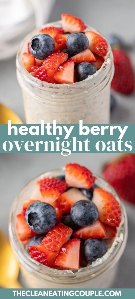 Healthy Berry Overnight Oats are perfect for breakfast. Loaded with berries, and made with greek yogurt, you can serve at home or in a jar on the go. Either way, these oats are a delicious way to start the day! Overnight Oats With Fruit And Yogurt, Strawberry Blueberry Overnight Oats, Berry Overnight Oats Healthy, Overnight Oats With Berries, Heart Healthy Overnight Oats, Berries Overnight Oats, Blueberry Overnight Oats Healthy, Mixed Berry Overnight Oats, Overnight Oats Greek Yogurt