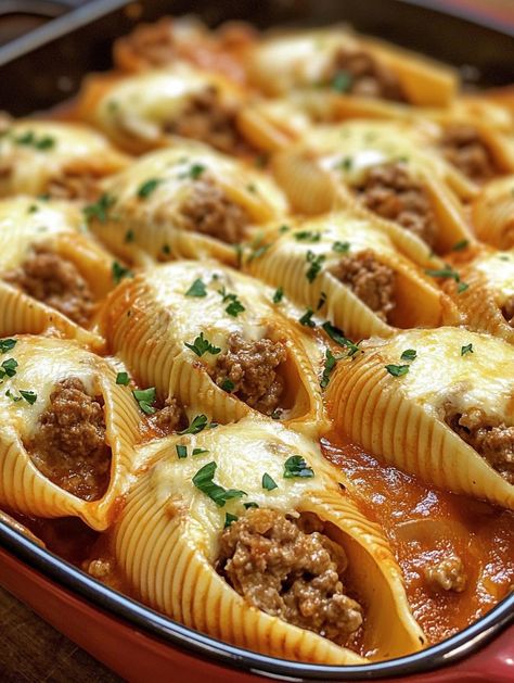 Creamy Ricotta Beef Stuffed Shells Pasta Recipes Using Large Pasta Shells, Stuffed Giant Shells, Ricotta Beef Stuffed Shells, Large Pasta Shell Recipes, Creamy Ricotta Beef Stuffed Shells, Large Pasta Shells Stuffed, Stuffed Cheese Shells, Stuffed Shells With Ground Beef, Beef Stuffed Shells