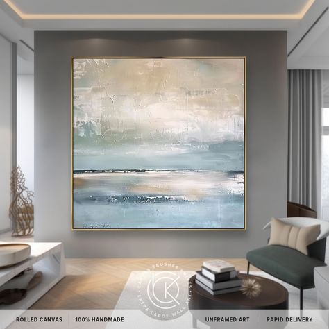 Extra Large Vertical Blue Seascape Canvas Wall Art, Calming Abstract Painting For Custom Room, Light Blue & Brown Artwork On Canvas Indulge in the tranquil beauty an original handmade artwork painted with professional-grade acrylics on canvas. This abstract piece features a horizon and water motif, exuding a sense of soft, muted tones reminiscent of atmospheric serenity and Dutch seascapes. Lavender grey, mineral green, and pale white hues enhance the decor of any space, adding a touch of calmin Large Abstract Wall Art Blue, Calm Acrylic Painting, Canvas Blue Painting, Paintings For Living Room Walls, Blue Beige Living Room Decor, Large Bedroom Artwork, Large Hallway Art, Lounge Artwork Ideas, Light Blue Abstract Art