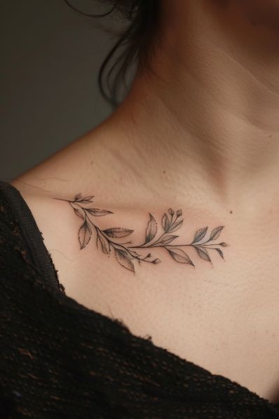 43+ Stunning Vine Tattoo Ideas Flower Vine Collar Bone Tattoo, Vine Tattoo Placement Ideas, Small Floral Vine Tattoo, Small Vines Tattoo, Vine Cover Up Tattoo, Abide Tattoo Vines, Vine Tattoos For Women, Vine Tattoo Design, Vine Tattoo Ideas