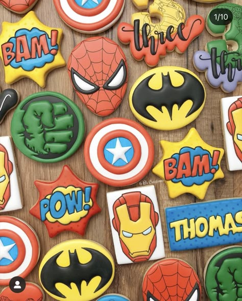 Avengers Cookies, Super Hero Cookies, Avengers Birthday Party Decorations, Superhero Cookies, Avengers Birthday Party, Marvel Birthday Party, Marvel Birthday, Hulk Birthday, Super Hero Birthday