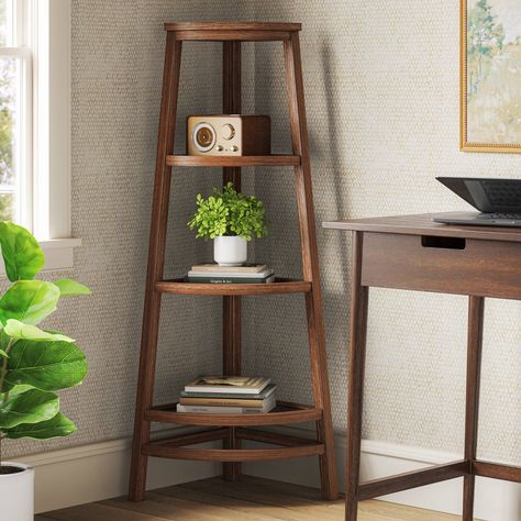 Add functional style to any corner of your home with this Haverhill Corner Accent Shelf from Threshold™. Featuring an angled design, this corner accent shelf features three open shelves and a top shelf to display framed photos, souvenirs or other decorative items. Designed in a clean-lined sleek silhouette in a brown stained finish, this wooden corner shelf easily blends with different decor styles. Threshold™: Looks like home, feels like you. Overall Width: 15" Overall Depth: 15" Overall Height Small Wall Corner Decor, Living Room Corner Inspiration, Small Corner Table Ideas, Corner Shelf For Plants, Random Corner Decor, Corner Decorating Ideas Entryway, Decorating A Corner Space In Living Room, Corner Table Ideas, Hallway Corner Decor