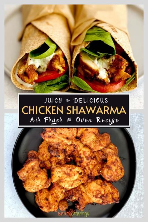 This Chicken Shawarma is bursting with rich flavors of garlic and Middle Eastern spices for a tender, juicy meal piled high on a pita, wrap or salad. #chickenshawarma #instantpot #spicecravings Healthy Air Fryer Chicken, Shawarma Wrap, Chicken Shawarma Wrap, Cravings Recipes, Mediterranean Foods, Pita Wrap, Chicken Shawarma Recipe, Syrian Food, Shawarma Recipe