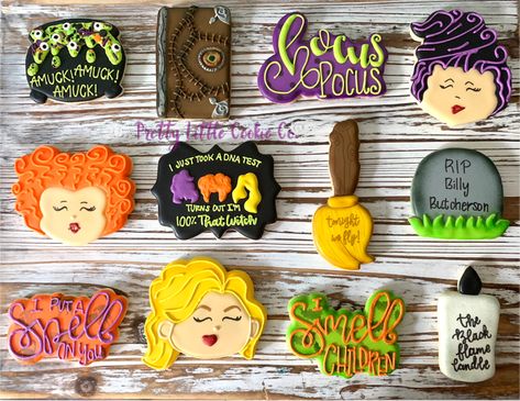 Sanderson Sisters Cookies Decorated, Hocus Pocus Cookies Royal Icing, Hocus Pocus Treats Easy, Hocus Pocus Birthday Cakes, Hocus Pocus Treat Ideas, Hocus Pocus Sugar Cookies, Hocus Pocus Cookies Decorated, Hocus Pocus Treats, October Cookies