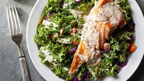 Superfood Chopped Salad with Salmon & Creamy Garlic Dressing Recipe | EatingWell Creamy Garlic Dressing, Salad With Salmon, Beef Tartare, Garlic Dressing, Protein Lunch, Salad Recipes Video, Dash Diet, Diet Vegetarian, Lunch Salads