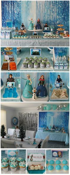 Disney Frozen Party Table with Elsa and Anna cakes, Troll truffles, Hans Sandwiches, Kristoph's Ice, Sven's reindeer snacks, blue lemonade, melted snow (water), Frozen themed lolly bags, Anna's chocolate cupcakes, coronation cupcakes, and "build a snowman" activity Frozen Coronation Party, Party Table Snacks, Coronation Cupcakes, Party Snacks Kids, Disney Frozen Party Favors, Frozen Party Table, Frozen Dessert Table, Elsa And Anna Birthday Party, Table Snacks