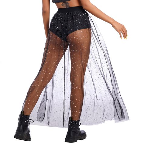 PRICES MAY VARY. ✿✿[PACKAGE INCLUDES] 1PC Sheer Skirt ✿✿[WOMEN SEE THROUGH SKIRT] Get ready to have all eyes on you with this IBAKOM mesh shiny tulle skirt. Brought to you in a glitter mesh material that will have all eyes on you, what’s not to love? With its underpants and maxi length, you’ll sure to earn all the likes with this dreamy piece. Finish off the look by pairing it with a crop top and some slip on heels, it’s a yes from us. ✿✿[WOMEN SPARKLY DRESS] Add a little attitude to your weeken Galaxy Skirt, Festival Maxi Skirt, Rave Skirt, Festival Rave Outfit, Mesh Maxi Skirt, Skirts Flowy, Ruffle Maxi Skirt, Sparkle Skirt, Tulle Maxi Skirt