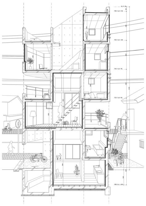 Apartment Design Architecture, Perspective Section, Studio Apartment Plan, Section Drawing Architecture, Sectional Perspective, Architect Sketchbook, Apartment Plan, Small Japanese Garden, Garden Apartment