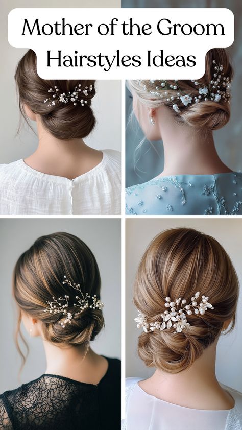 Elegant chignon hairstyle for the mother of the groom, featuring a sophisticated low bun adorned with pearls and small flowers, perfect for weddings. Mother Of The Groom Hairstyles Long, Hairstyles For Mother Of The Groom, Mother Of The Groom Hairstyles Medium, Mother Of The Groom Updos, Wedding Hairstyles Low Bun, Elegant Chignon, Mother Of The Groom Hairstyles, Classic Updo, Mother Of The Bride Hair