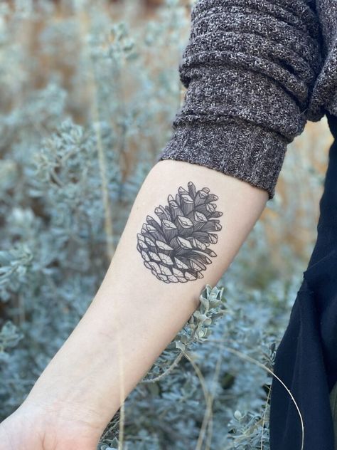 Pine Cone Tattoo, Pinecone Tattoo, Loon Tattoo, Cone Tattoo, Botanical Tattoo Design, Pine Tattoo, Earthy Tattoos, M Tattoos, Theme Tattoo