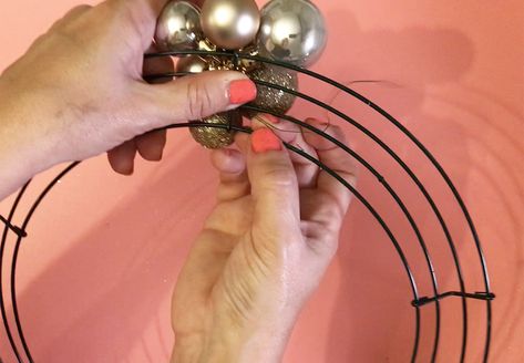 How to make a bauble wreath step 6 How To Make A Bauble Wreath, Bauble Wreath Diy, Christmas Ball Wreath Diy, Christmas Balls Wreath Diy, Bubble Wreath Tutorial, Diy Ornament Wreath, Bauble Wreath, Christmas Colour Schemes, Wreath Rings