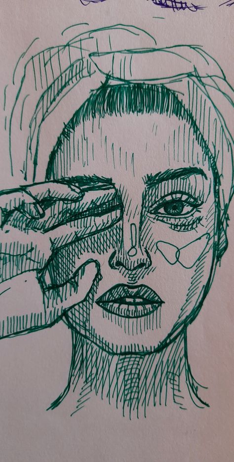 Green ink on paper portrait woman reference sketch rough journal art pretty beautiful shower towel Highlighter Drawings Easy, Shading Ideas, Green Monochrome, Paper Portrait, Face Highlighter, Woman Sketch, Portrait Woman, Art Making, Art Folder