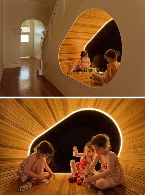 11 Kids Only Hideouts That Even The Biggest Grownups Would Be Jealous Of // The extra space under the stairs in this family home has been converted into a play area complete with tube lighting and a wood finish. Under Stairs Storage Solutions, Under The Stairs, Workshop Design, Understairs Storage, Stair Storage, Play Space, Under Stairs, Staircase Design, Best Interior Design