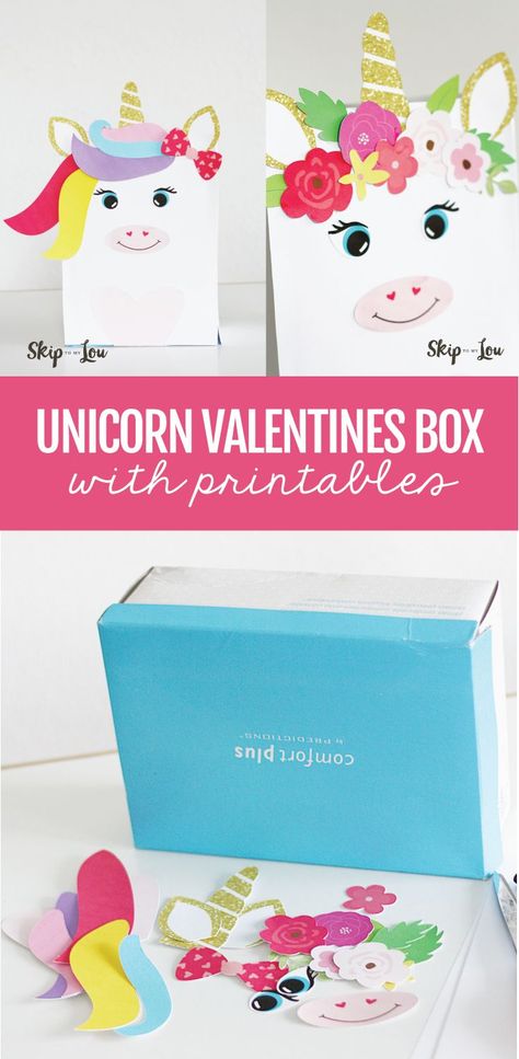 Magical Unicorn Valentine Box with FREE printables! Valentine Box Unicorn, Unicorn Valentine Box Diy, Pokemon Valentines Box, Unique Valentine Box Ideas, Girls Valentines Boxes, Valentine Boxes For School, Minnie Mouse Valentines, Pokemon Valentine, Kids Valentine Boxes