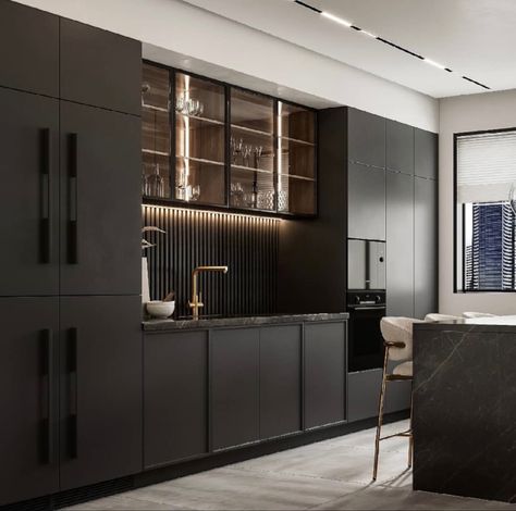 Kitchen Cabinet Brown, Glass Kitchen Cabinet, Penthouse Design, Modern Kitchen Cabinet Design, Interior Design School, Brown Kitchen, Kitchen Decor Apartment, Modern Kitchen Cabinets, Kitchen Models