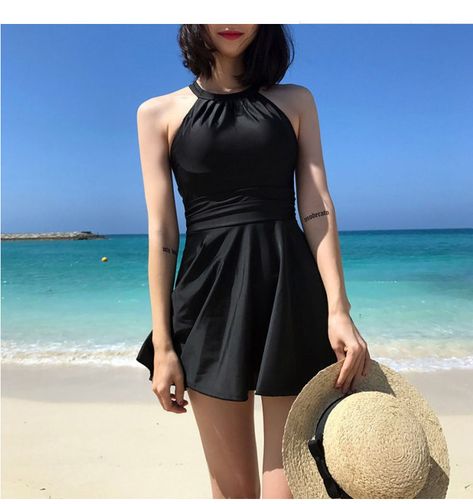 Sabbia Plain Halter Swimsuit | YesStyle Conservative Swimsuit, Backless One Piece Swimsuit, Casual Dresses Plus Size, High Waisted Tankini, Maxi Lace Skirt, Skirt Swimsuit, Swimsuits Outfits, Black Swimwear, Swimsuits Halter