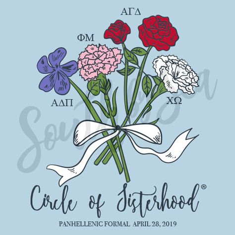 ✰ South by Sea @southbyseacollege ✰ Panhellenic | Alpha Delta Pi | Phi Mu | Alpha Gamma Delta | Chi Omega | Flower Bouquet | Circle of Sisterhood | South by Sea | Greek Tee Shirts | Custom Apparel Design | Custom Greek Apparel | Sorority Shirts | Sorority Graphics | Sorority Tanks | Sorority Shirt Designs Phi Mu Philanthropy Shirts, Flower Sorority Shirt, Panhellenic Graphics, Phi Mu Shirts Design, Panhellenic Merch, Panhellenic Shirts, Sorority Recruitment Themes, Panhellenic Sororities, Phi Mu Shirts